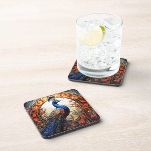 Dessous-de-verre Bleu Orange Floral Automne Peacock Vitrail