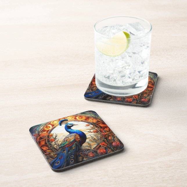 Dessous-de-verre Bleu Orange Floral Automne Peacock Vitrail (Côté Droit)