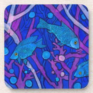 Dessous-de-verre Blue Fish in Seaweed, Underwater Art Paper Collage