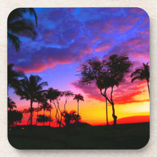 Dessous-de-verre Blue Red Sunset Exotic Hawaiian Beach Palm Trees