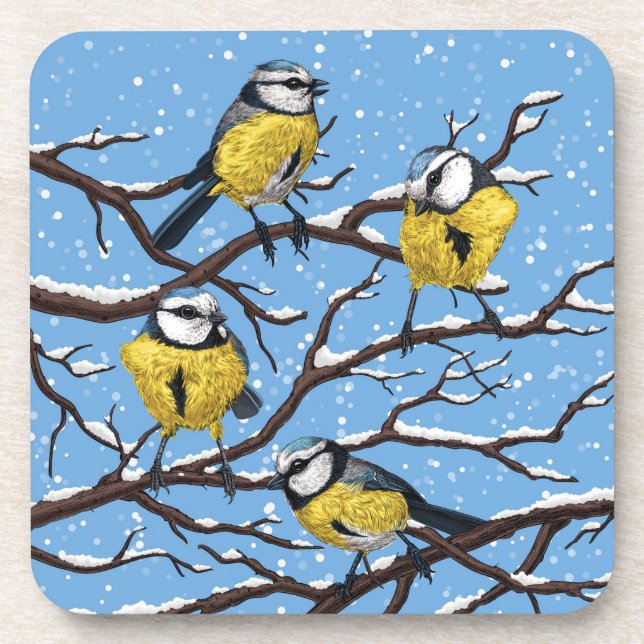 Dessous-de-verre Blue tit birds en hiver (Devant)