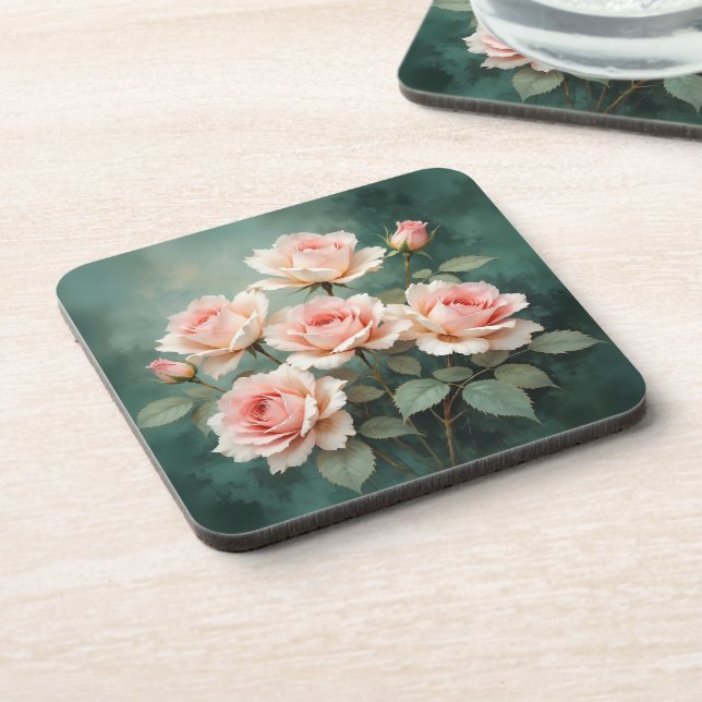 Dessous-de-verre Blush Rose Elegance on Deep Jade (Côté gauche)