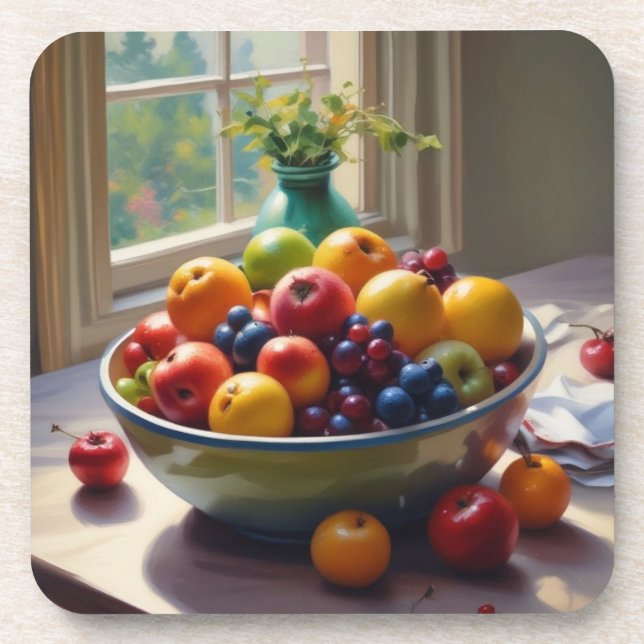 Dessous-de-verre Bol de fruit assis sur une table à l'huile (Devant)