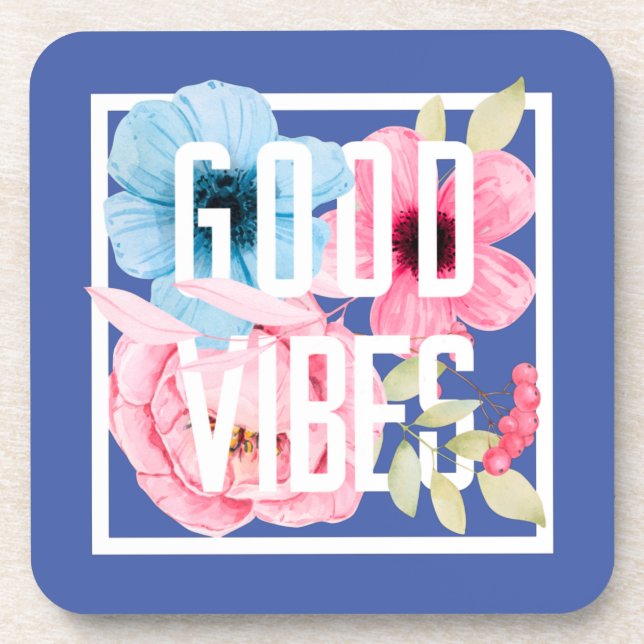 Dessous-de-verre Bonnes vibes bleu rose aquarelle - Floral (Devant)