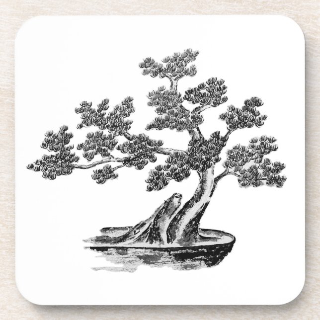 Dessous-de-verre Bonsai - Style chinois - noir et blanc (Devant)