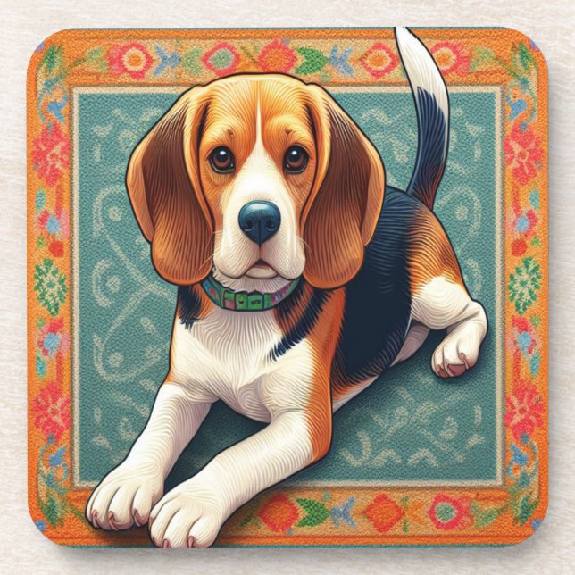 Dessous-de-verre Bordure colorée de chien Beagle 3D réaliste élégan (Devant)