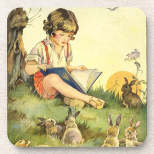 Dessous-de-verre Boy reading under tree with rabbits
