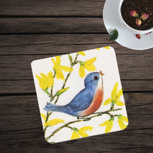 Dessous-de-verre Branche de l'arbre d'oiseaux bleu chantant mignon