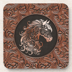 Dessous-de-verre Brown cowgirl floral à outils cuir tête de cheval