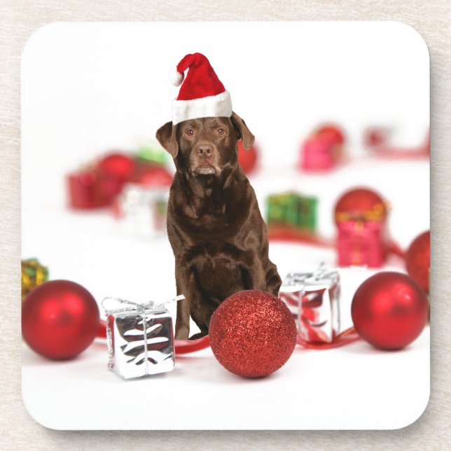 Dessous-de-verre Brown Labrador Chien Noël w Cadeaux Santa Hat (Devant)