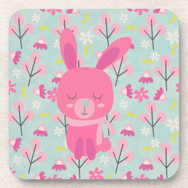 Dessous-de-verre Bunnies et fleurs roses (Devant)