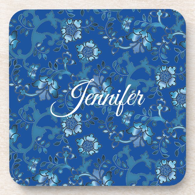 Dessous-de-verre Calligraphie Elégant bleu Floral Nom personnalisé (Devant)