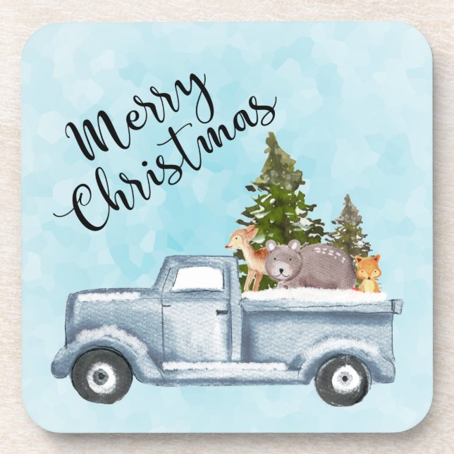 Dessous-de-verre Camion de Noël avec pins et animaux de forêt (Devant)