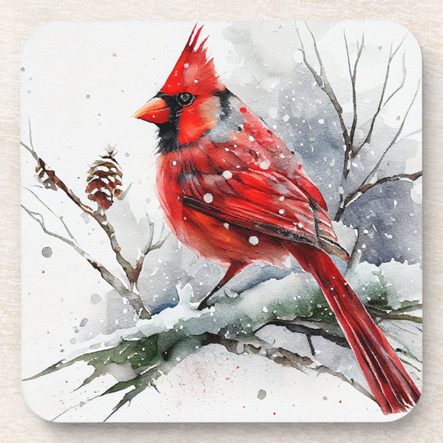 Dessous-de-verre Cardinal sur la branche des arbres neigeux à Noël  (Devant)