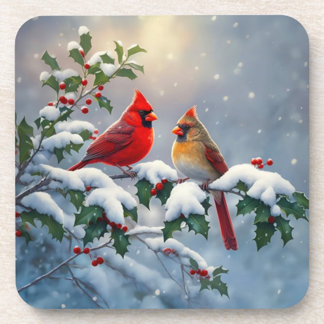 Dessous-de-verre Cardinaux rouges et Holly en neige (Devant)