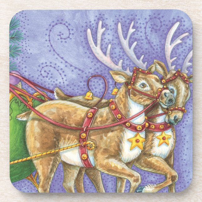 Dessous-de-verre Caricature de Noël Santa Claus Sleigh Reindeer (Devant)