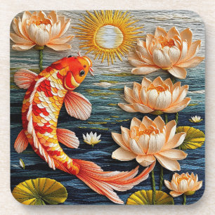 Dessous-de-verre Carpe Koï Entourée de Fleurs de Lotus