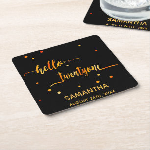 Dessous-de-verre Carré En Papier 21e anniversaire noir or hello 21 nom script