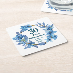 Dessous-de-verre Carré En Papier 30e Anniversaire de Mariage Perle Fleur Bleue