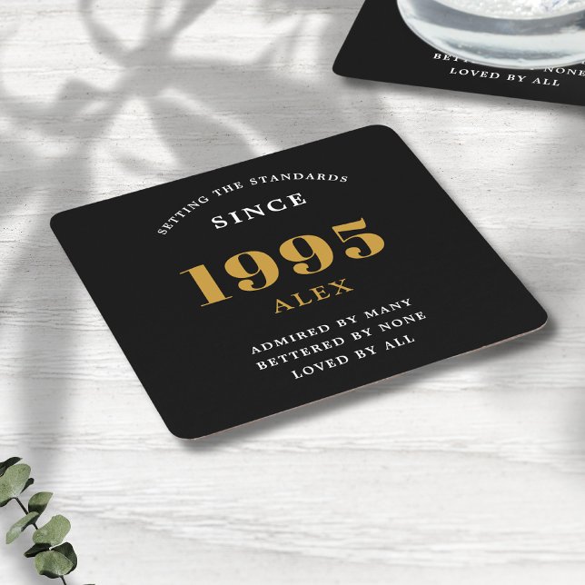 Dessous-de-verre Carré En Papier 30e anniversaire Nom 1995 Black Gold Elegant Chic (30th birthday personalized coaster with name and year of birth.)