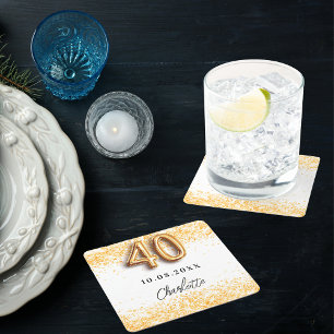 Dessous-de-verre Carré En Papier 40e anniversaire blanc or nom de parties scintilla