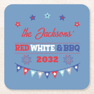 Dessous-de-verre Carré En Papier 4 juillet Rouge blanc et BBQ nom de famille patrio