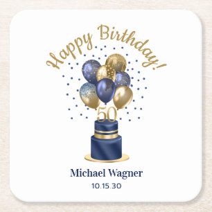 Dessous-de-verre Carré En Papier 50e anniversaire Marine Blue Balloon Cake