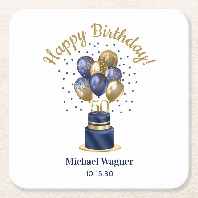 Dessous-de-verre Carré En Papier 50e anniversaire Marine Blue Balloon Cake (Devant)