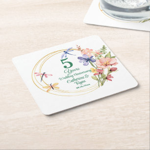 Dessous-de-verre Carré En Papier 5e anniversaire de mariage Bois Cadre Floral Or
