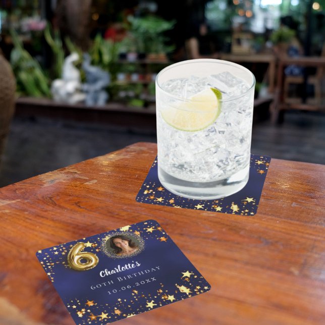 Dessous-de-verre Carré En Papier 60e anniversaire marine bleu or étoiles photo (Créateur téléchargé)