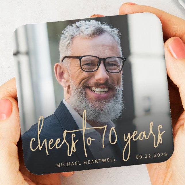 Dessous-de-verre Carré En Papier 70e anniversaire de la fête Photo Cheers Gold Scri (Créateur téléchargé)