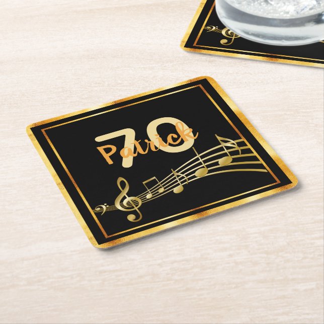 Dessous-de-verre Carré En Papier 70e anniversaire noir or musique notes nom (Incliné)