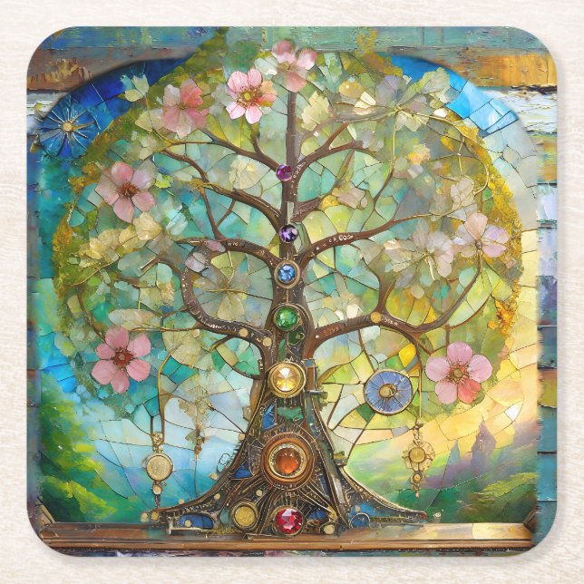 Dessous-de-verre Carré En Papier 7 Chakra Fleurissant Arbre De Vie (Devant)