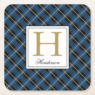 Dessous-de-verre Carré En Papier Accents dorés à cristal bleu moderne, Monogramme