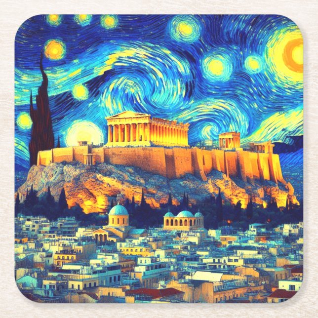 Dessous-de-verre Carré En Papier Acropole nocturne étoilée Athènes Grèce (Devant)