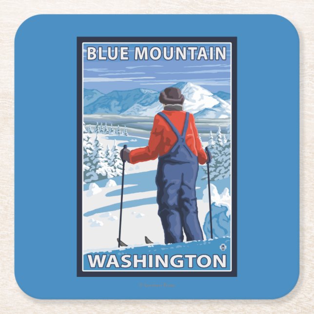 Dessous-de-verre Carré En Papier Admirer de skieur - montagne bleue, Washington (Devant)