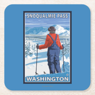 Dessous-de-verre Carré En Papier Admirer de skieur - passage de Snoqualmie,