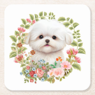 Dessous-de-verre Carré En Papier adorable chiot maltais en fleur, Amoureux des chie
