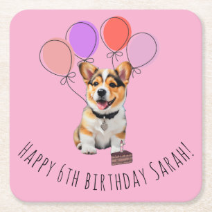 Dessous-de-verre Carré En Papier Adorable Corgi Rose Anniversaire Personnalisable