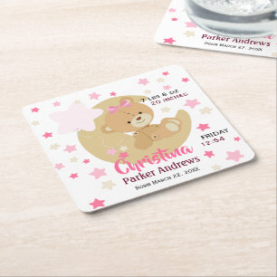 Dessous-de-verre Carré En Papier Adorable Teddy Bear Baby Girl Birth Stats