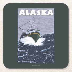 Dessous-de-verre Carré En Papier Affiche de Vintage voyage de bateau d'AlaskaCrab