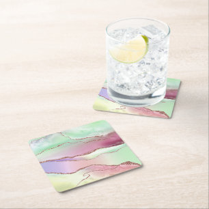 Dessous-de-verre Carré En Papier Agate de pastèque Neo Mint Green et Cassis Pink