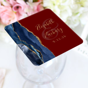Dessous-de-verre Carré En Papier Agate Géode Écriture Bleu Nuit Or Bourgogne Mariag