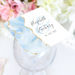 Dessous-de-verre Carré En Papier Agate Geode Script Baby Blue Gold Mariage