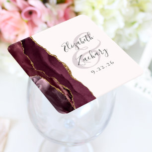 Dessous-de-verre Carré En Papier Agate Geode Script Burgundy Gold Blush Mariage