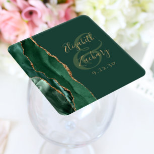 Dessous-de-verre Carré En Papier Agate Geode Script Emerald Green Mariage or