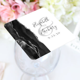 Dessous-de-verre Carré En Papier Agate Geode Script Mariage noir argent