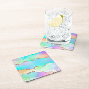 Dessous-de-verre Carré En Papier Agate Holo   Faux Iridescente Pastel Ombre Marble