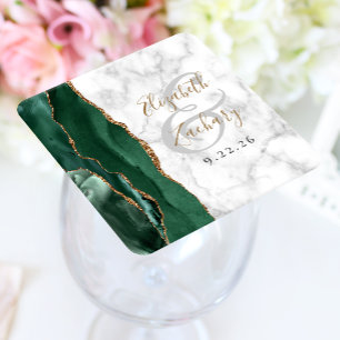 Dessous-de-verre Carré En Papier Agate Script Vert Émeraude Or Mariage Marbre