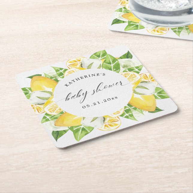 Dessous-de-verre Carré En Papier agrumes citron fleur baby shower monogramme (Incliné)